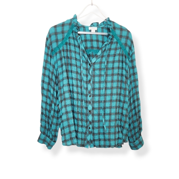 Sundance Green Crinkle Plaid Long Sleep Button Front Shirt Top Size Large - Picture 1 of 8